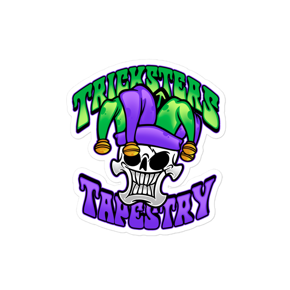 Tricksters Tapestry Jester Logo with Text Sticker 4x4"