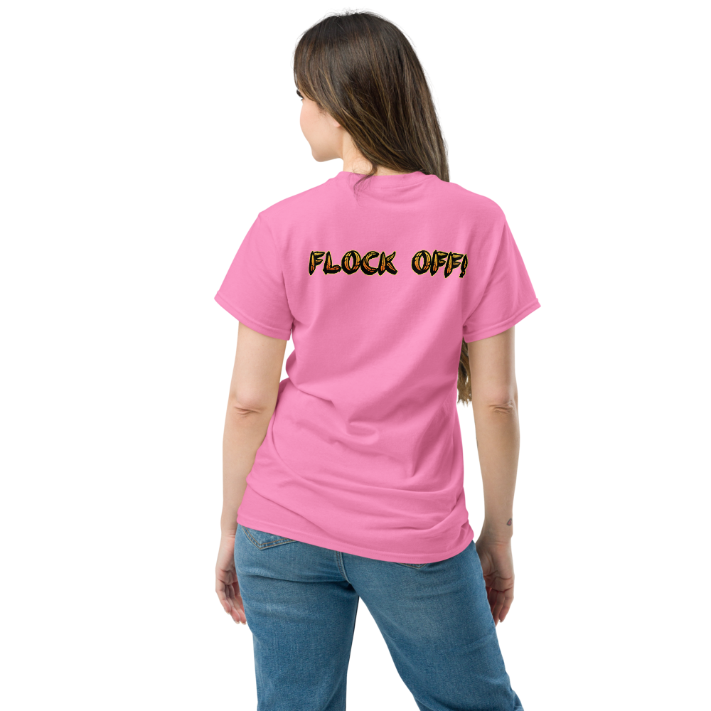 Birds of a Feather Tee, Goose Chasing Seagull and Pigeon while saying FLOCK OFF! Azalea Back Model 3