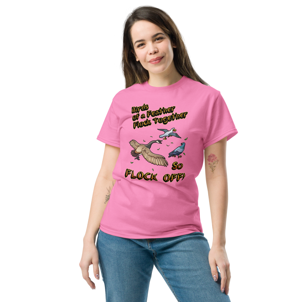 Birds of a Feather Tee, Goose Chasing Seagull and Pigeon while saying FLOCK OFF! Azalea Front Model 3