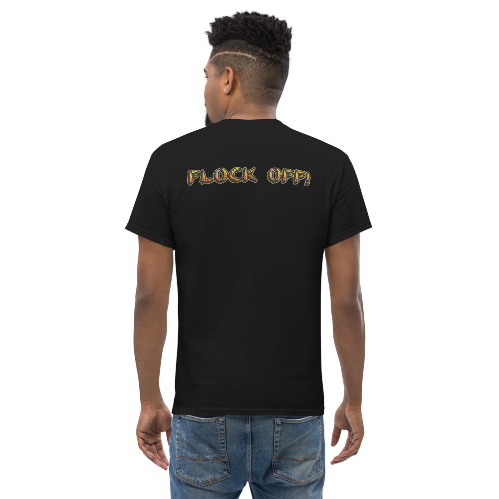 Birds of a Feather Tee, Goose Chasing Seagull and Pigeon while saying FLOCK OFF! Black Back Model 1