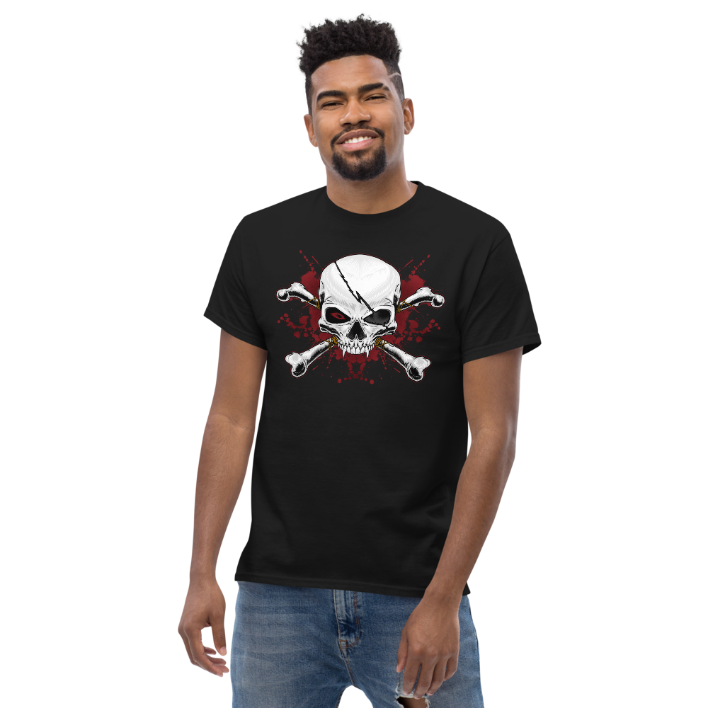 Crimson Grin Skull and Crossbones Tee Black Front Model 1