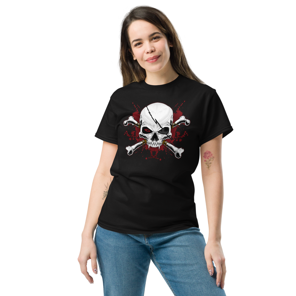 Crimson Grin Skull and Crossbones Tee Black Front Model 3