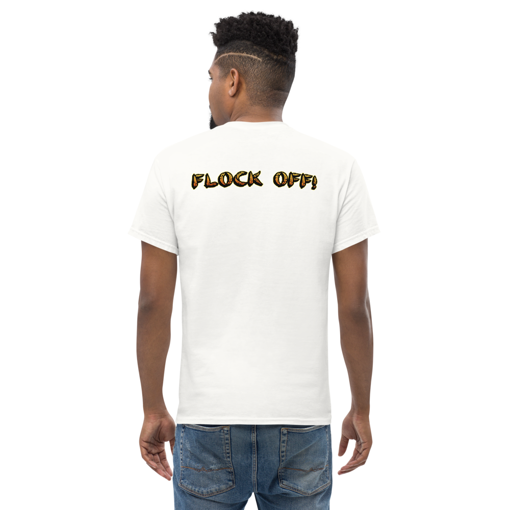 Birds of a Feather Tee, Goose Chasing Seagull and Pigeon while saying FLOCK OFF! White Back Model 1