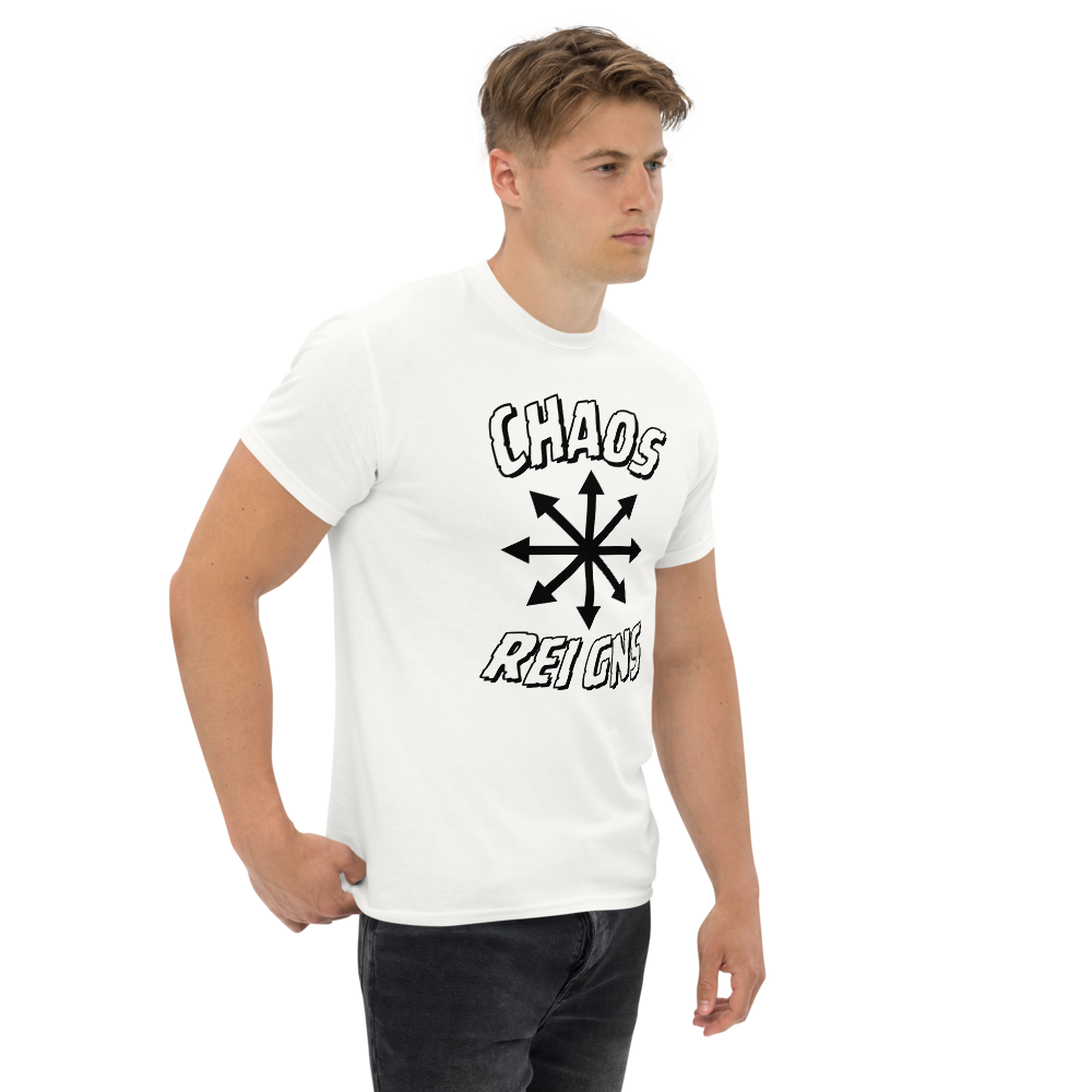 Chaos Reigns Tee White Front Model 2