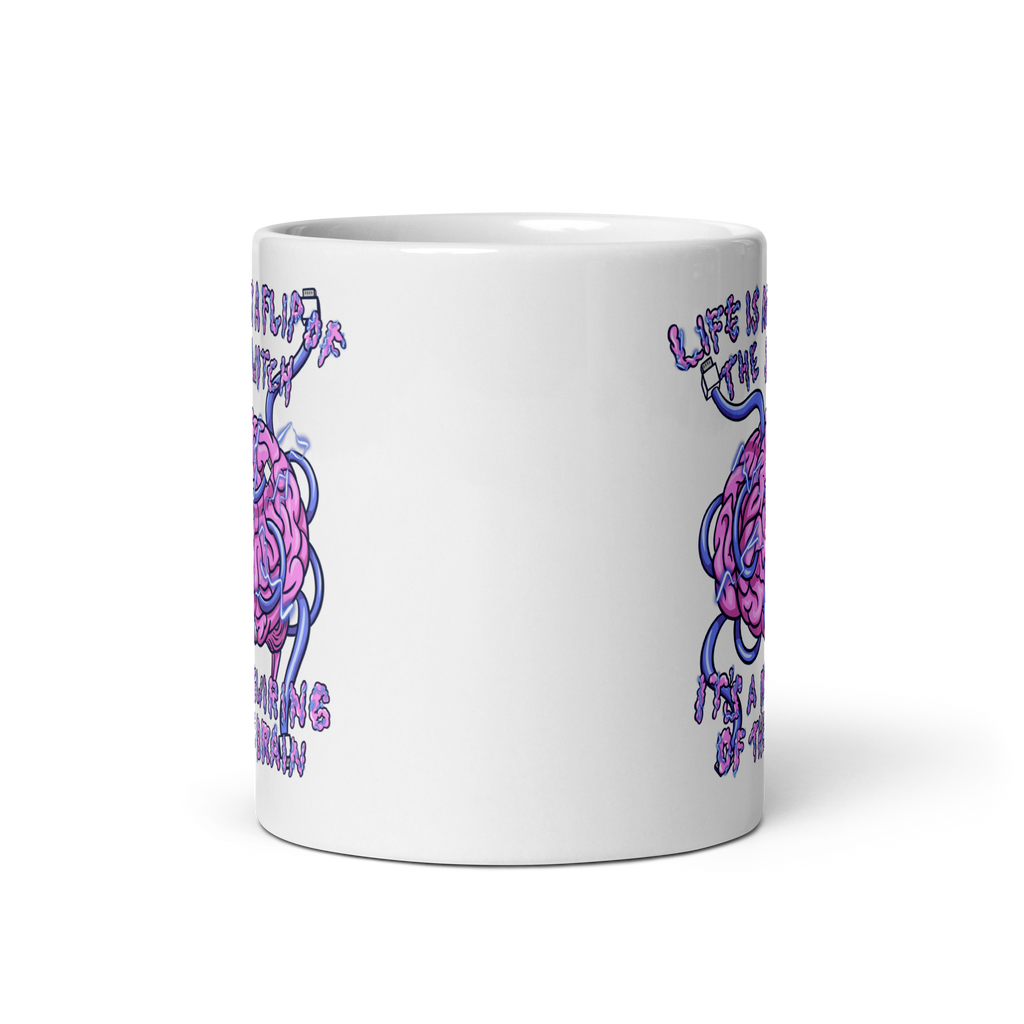 White mug with a brain graphic and motivational quote on a white  background 11 oz front