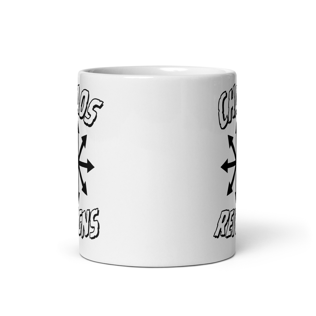 White mug with 'Chaos Reigns' text and symbol on a white background 11 oz front