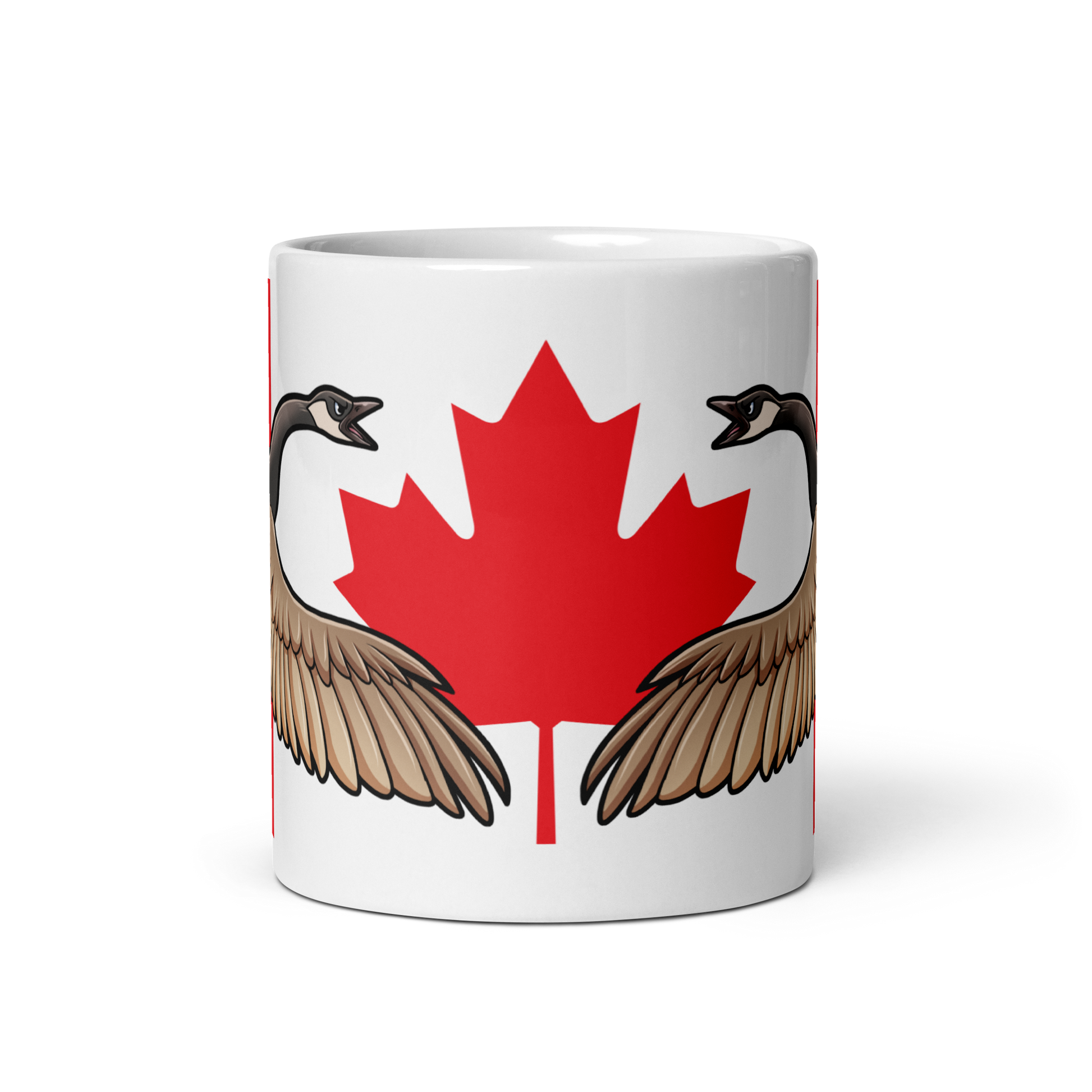 Canadian Geese guarding a Canadian Flag on a white ceramic mug 11 oz front