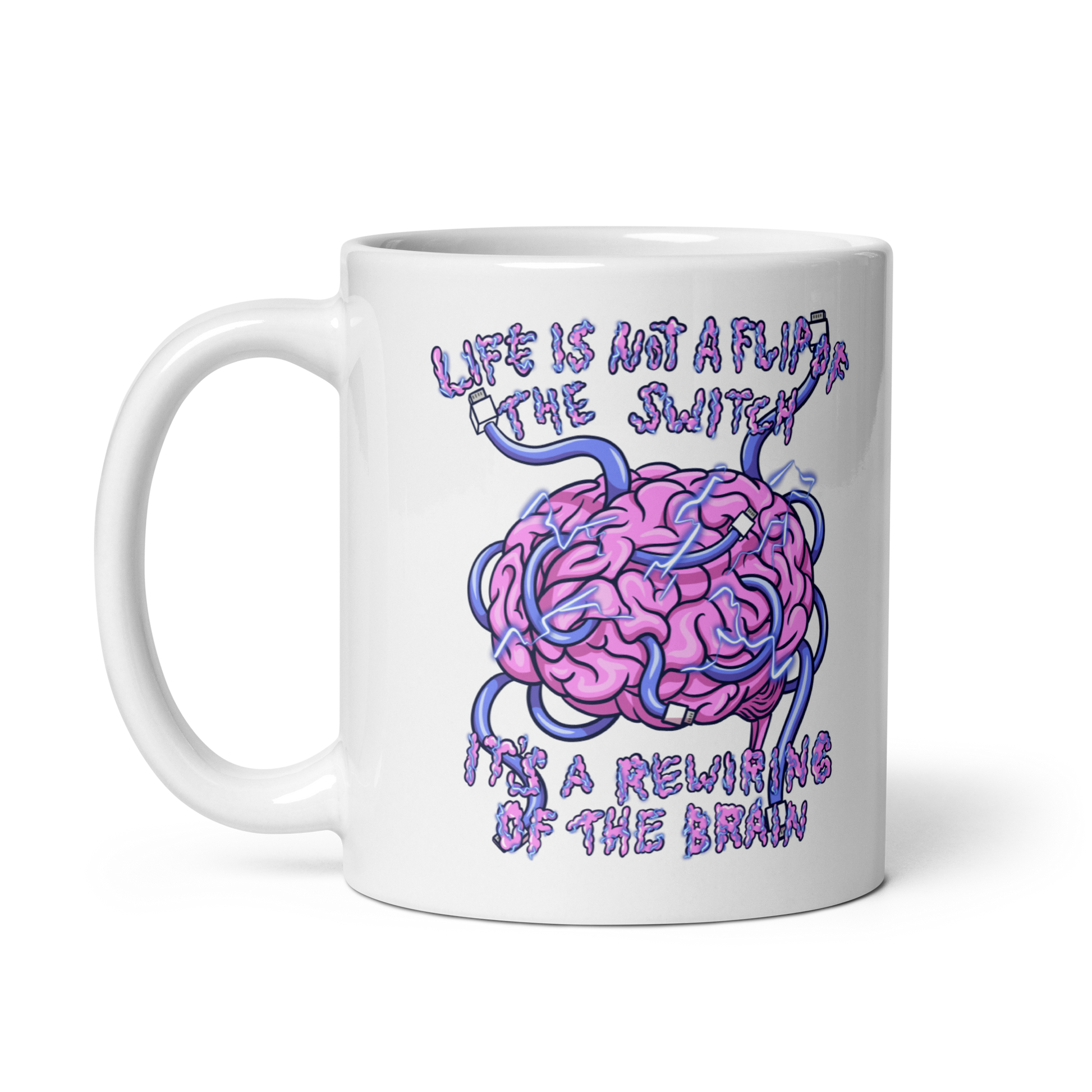 White mug with a brain graphic and motivational quote on a white  background 11 oz right side