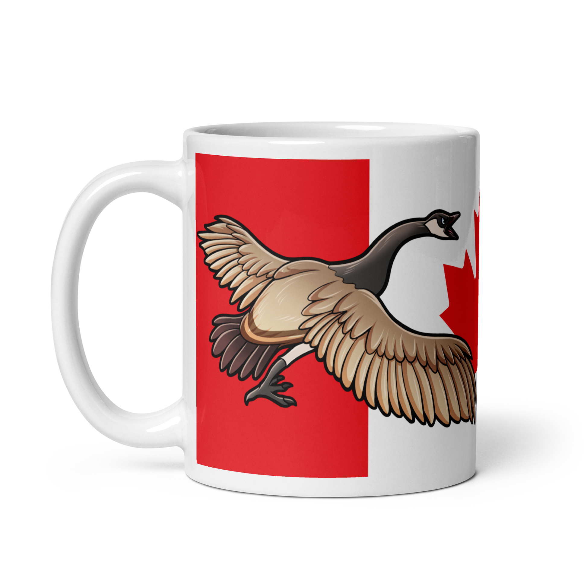 Canadian Geese guarding a Canadian Flag on a white ceramic mug 11 oz right side