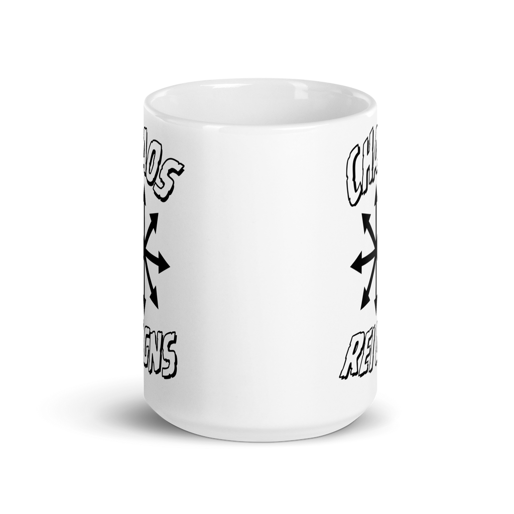 White mug with 'Chaos Reigns' text and symbol on a white background 15 oz front