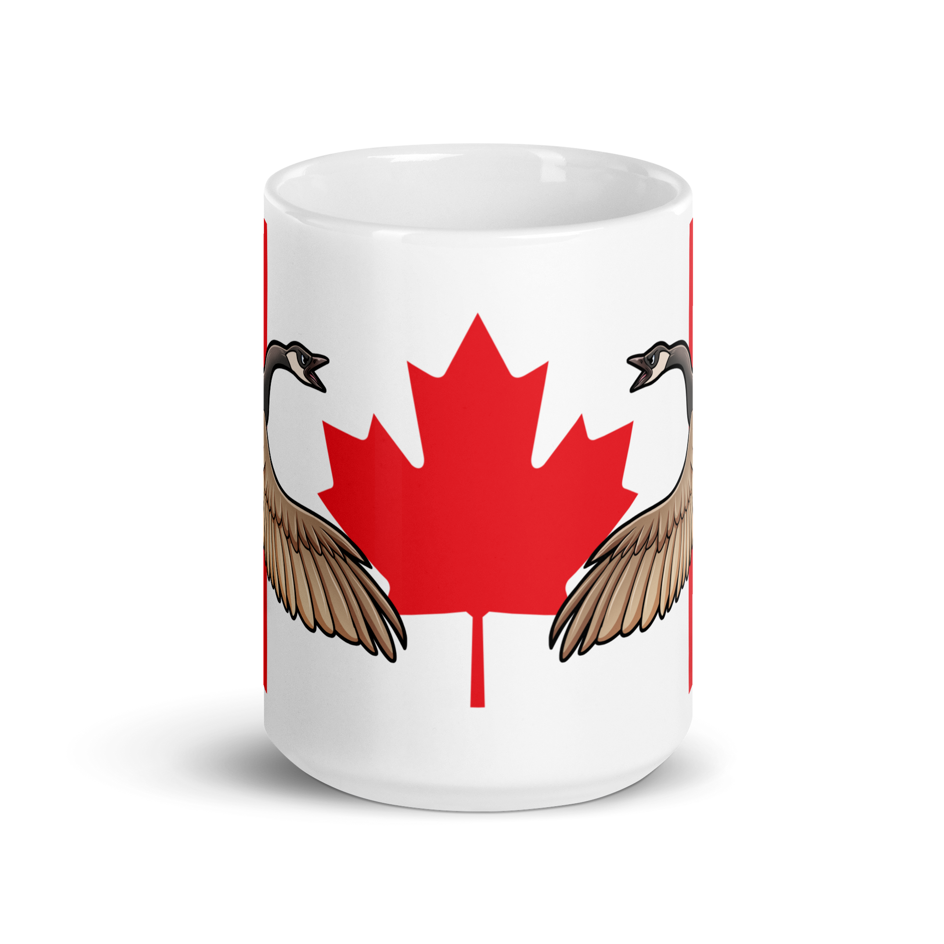 Canadian Geese guarding a Canadian Flag on a white ceramic mug 15 oz front
