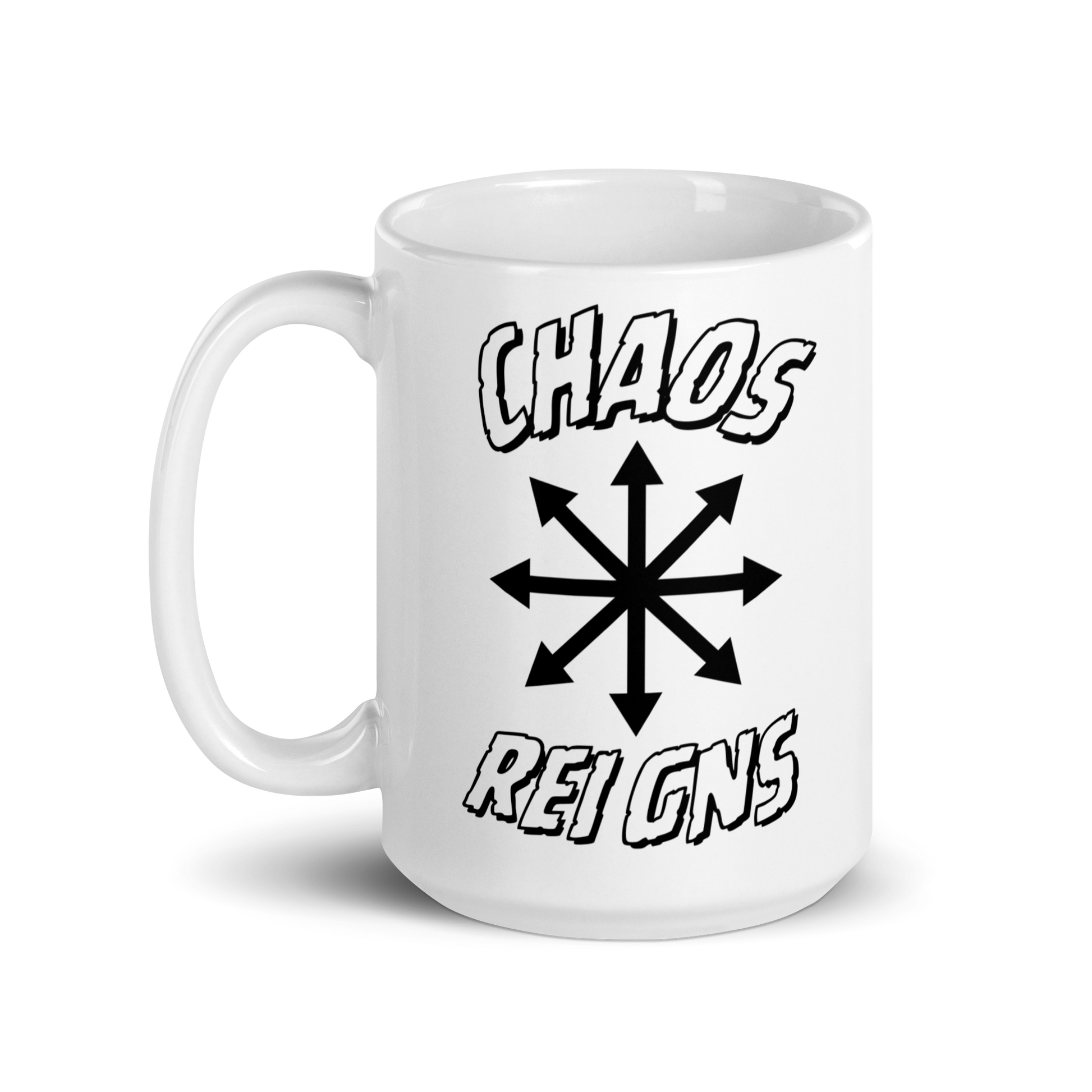 White mug with 'Chaos Reigns' text and symbol on a white background 15 oz right side