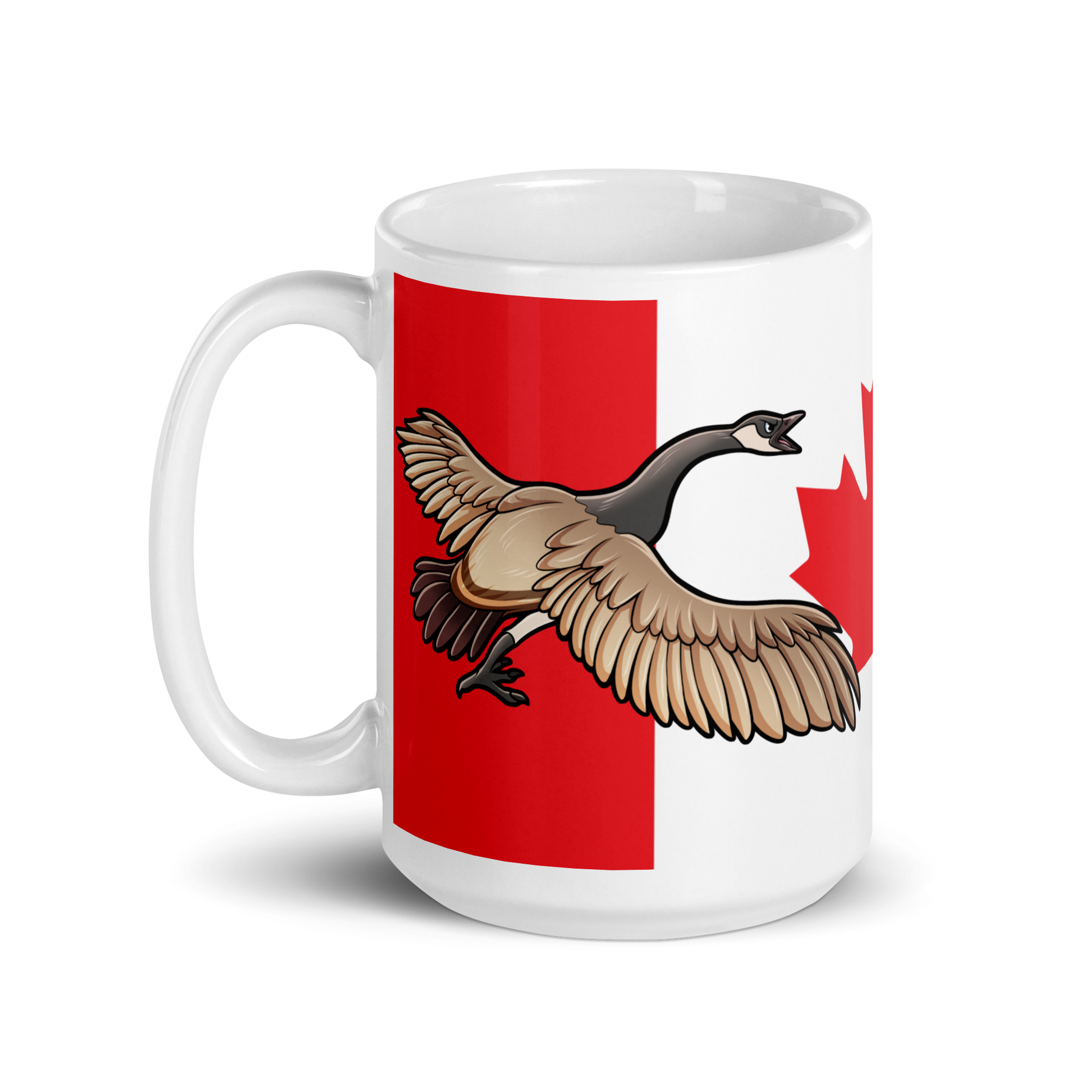Canadian Geese guarding a Canadian Flag on a white ceramic mug 15 oz right side