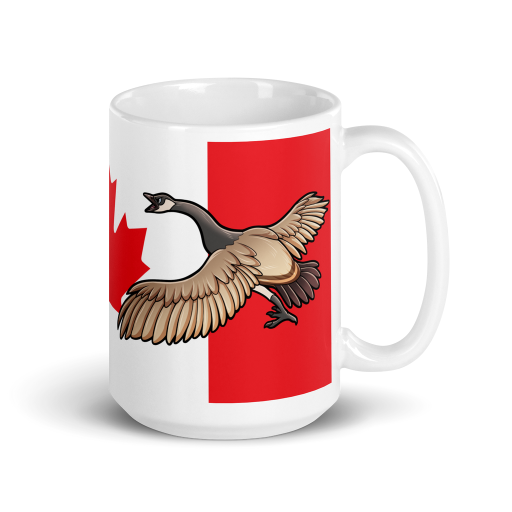 Canadian Geese guarding a Canadian Flag on a white ceramic mug 15 oz left side