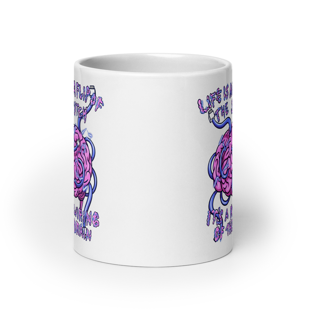 White mug with a brain graphic and motivational quote on a white  background 20 oz front
