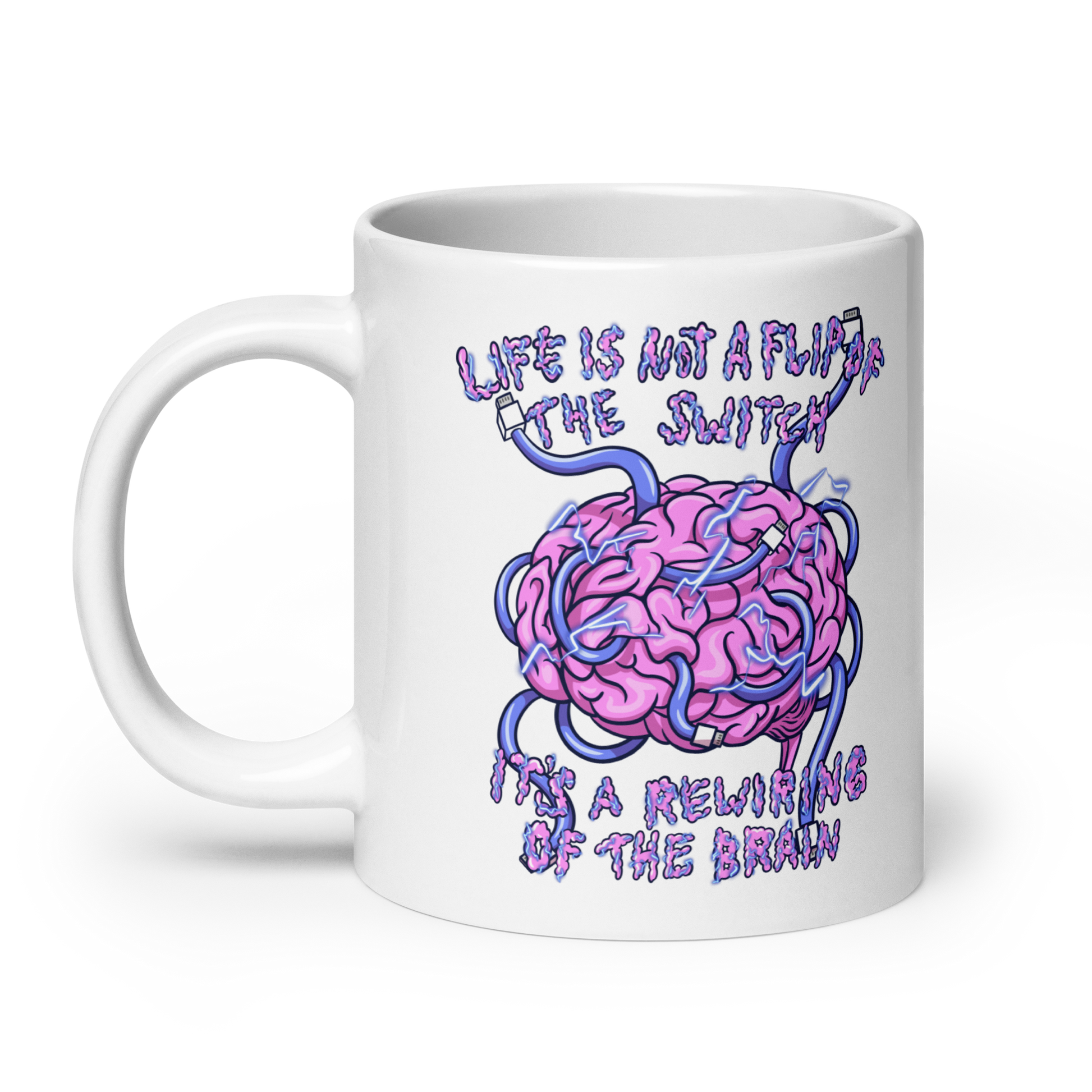 White mug with a brain graphic and motivational quote on a white  background 20 oz right side