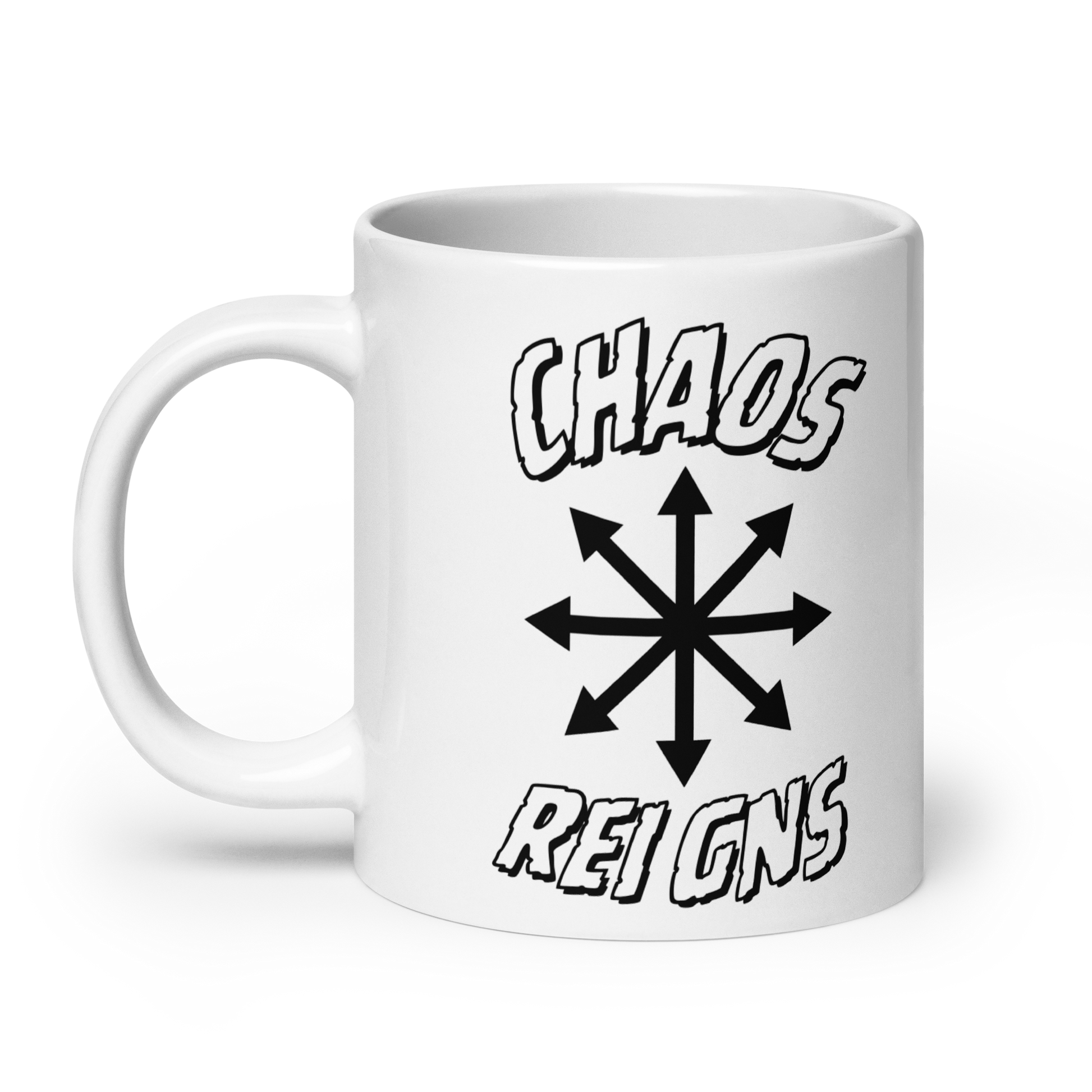White mug with 'Chaos Reigns' text and symbol on a white background 20 oz right side
