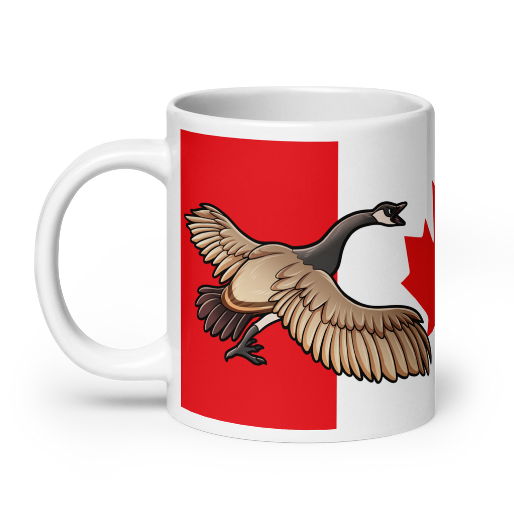 Canadian Geese guarding a Canadian Flag on a white ceramic mug 20 oz right side